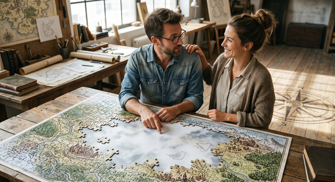 Happy Couple Working on a Large Map Jigsaw Puzzle Together
miling Man and Woman Enjoying a Relaxing Hobby at Home
Couple Bonding and Collaborating Over a Complex Puzzle in a Rustic Studio
