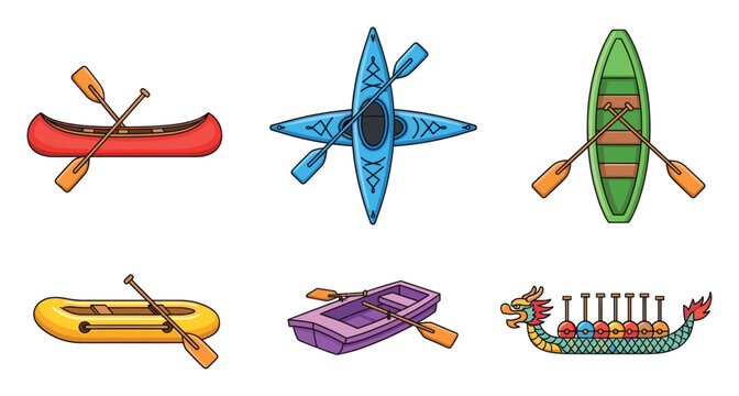 Water sports equipment collection featuring various boats and paddles for outdoor activities