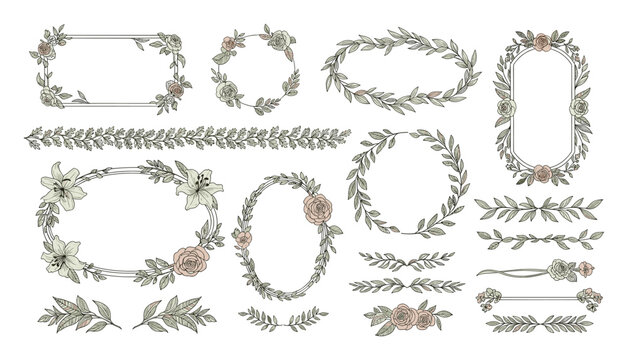 Assorted botanical floral frames and borders with roses and lilies for wedding invitations stationery