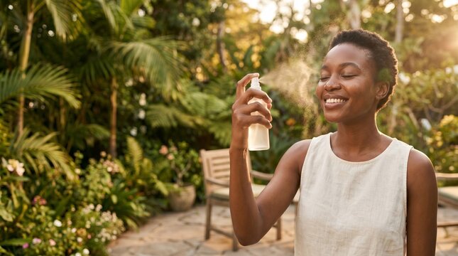 Young African American woman spraying face mist in sunny garden.