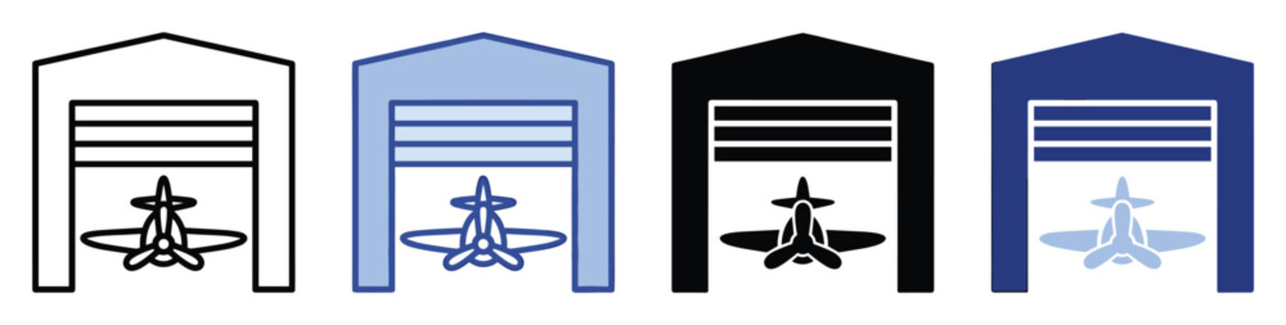 Airplane hangar icon set in outline and solid styles for aviation logistics and transportation apps