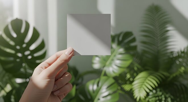 Blank square paper card mockup against lush green tropical leaves. Organic eco friendly brand identity and design presentation. Hand holding an empty white note in sunlight