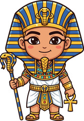 Obraz premium A cartoon illustration of a smiling pharaoh child wearing ancient Egyptian costume and holding a scepter and ankh symbol