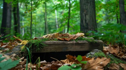 Obraz premium Wooden Platform Surrounded by Green Forest and Fallen Leaves in Tranquil Nature Setting