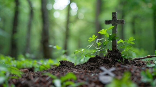 Small Wooden Cross Surrounded by Green Plants and Soil in a Lush Forest Environment