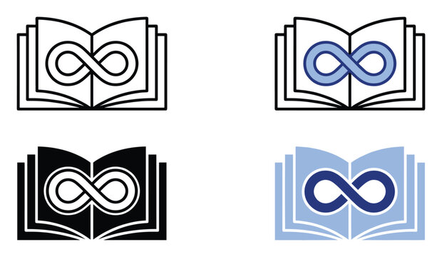 Open book with infinity symbol icon for endless knowledge and learning education graphic