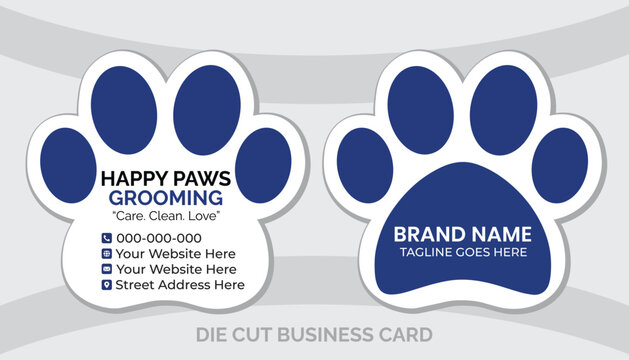 Creative Paw Print Shaped Die-Cut Business Card Template for Pet Grooming and Veterinary Services