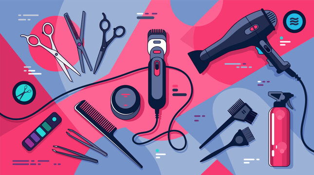 A bold flat lay collection of professional hairdressing tools including scissors clippers a hair dryer comb spray bottle and styling brushes on pink and purple