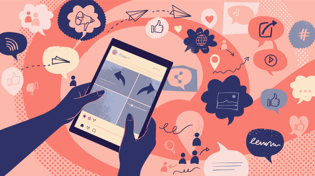 Two hands hold a tablet showing a social media feed surrounded by floating speech bubbles likes hearts shares hashtags megaphones and location pins on coral background