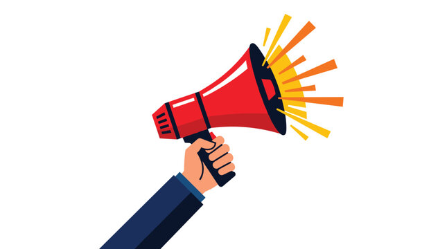 A vibrant red megaphone is held by a hand dressed in a professional suit sleeve against a plain white background with orange graphical sound wave elements.