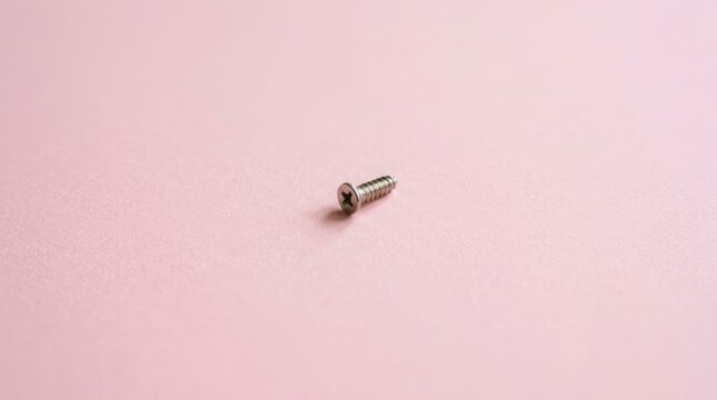 Silver phillips head screw on pastel pink surface minimalist product shot