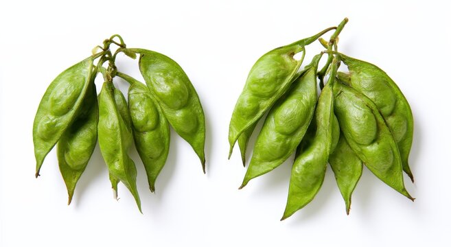 Two clusters of fresh green bitter bean pods known as Parkia speciosa or petai isolated on a clean white background in a top down studio photography composition