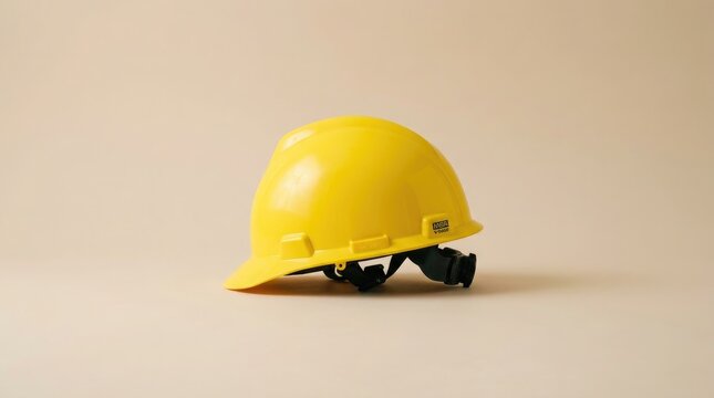 Yellow msa safety works hard hat on beige surface workplace safety equipment