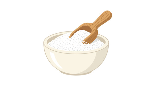 A small white ceramic bowl is filled with granular white sugar or salt and includes a rustic wooden scoop resting on the surface against white.