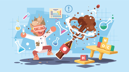 Fototapeta premium chaotic childhood science experiments gone wrong as a laughing kid in a lab coat gets covered by an exploding cola and mentos reaction