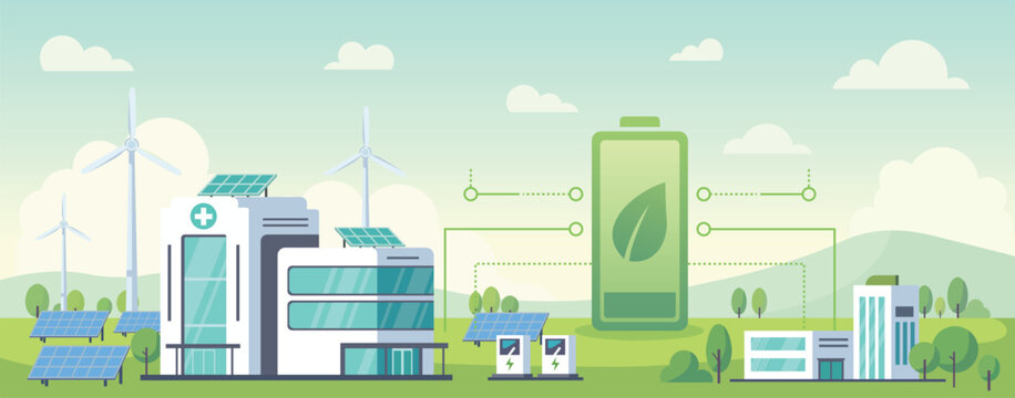 Clean energy landscape with solar panels wind turbines EV charging stations and battery storage supporting smart sustainable city infrastructure