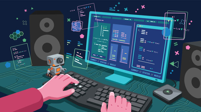 modern software development comes alive as a programmer types code while commit build and status pipelines run across dual glowing screens