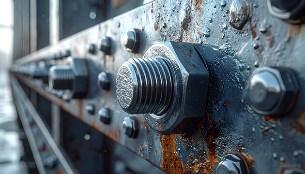 Industrial Strength: Close-up of heavy bolts and rust on the old bridge structure, showcasing the strength and durability of engineering.