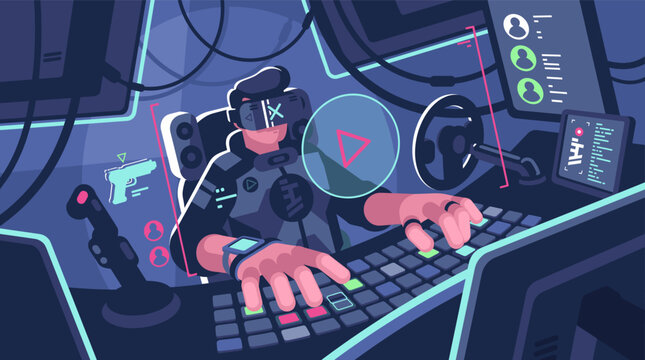 immersive virtual reality gaming is captured as a futuristic player wears a VR headset and controls a full cockpit gaming setup with neon interfaces
