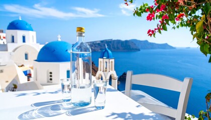 Obraz premium A stunning view of the white architecture in Oia village on Santorini island Greece features a traditional church against the blue Mediterranean sky during a beautiful summer vacation in Europe