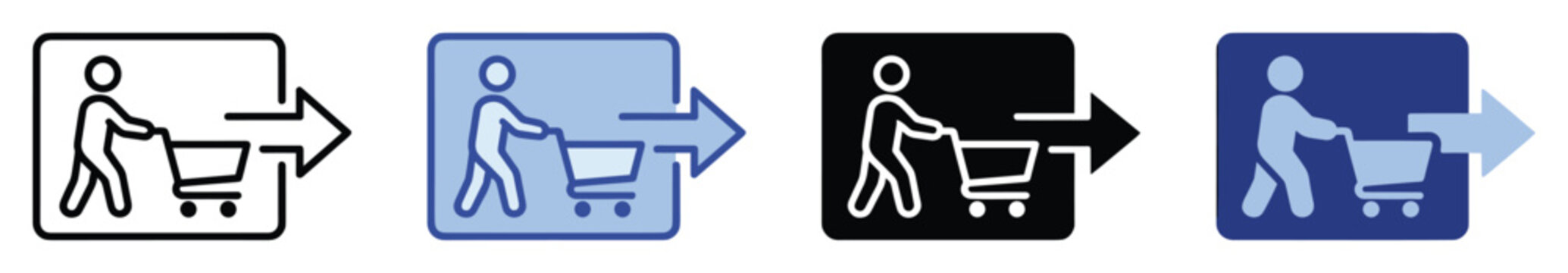 Person pushing shopping cart with arrow icon for ecommerce and retail checkout transaction