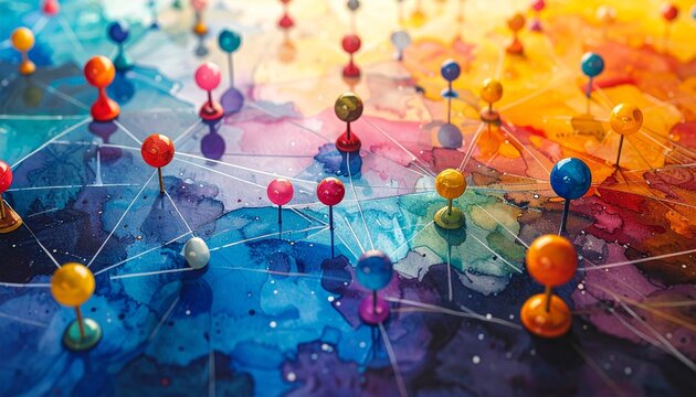 A vibrant abstract watercolor painting of a Christmas tree decoration featuring colorful paint splashes and a seamless grunge texture design on blue art paper wallpaper