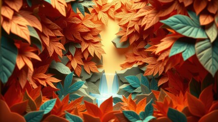 Fototapeta premium Paper foliage creates tunnel effect. Warm orange contrasts cool teal. Light source visible center, dramatic shadows present.