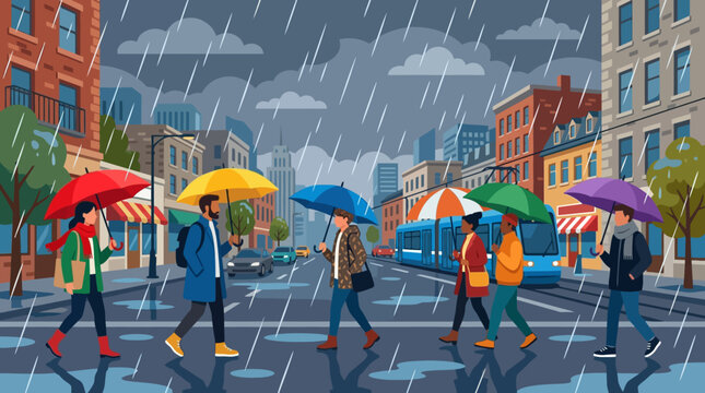 People walking with colorful umbrellas.