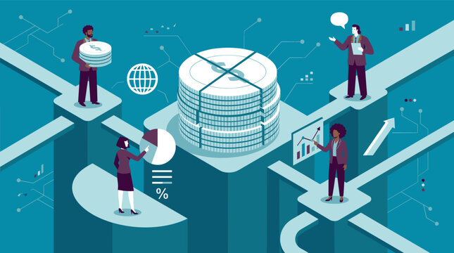 global financial investment and wealth management is illustrated through four businesspeople analyzing coin stacks pie charts growth arrows and percentage data