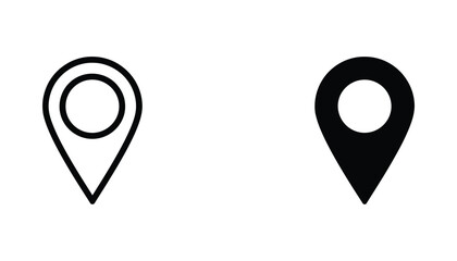 Location pin icon set featuring map marker symbol in solid black and outline stroke vector style for navigation and geographic position tracking design projects © Eastern