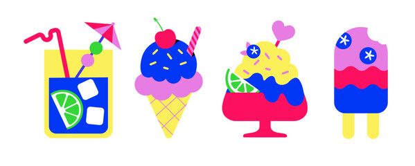 Fototapeta premium Colorful Summer Dessert and Drink illustration Set, Cute Ice Cream, Popsicle, and Cocktail Collection in Flat Cartoon Style