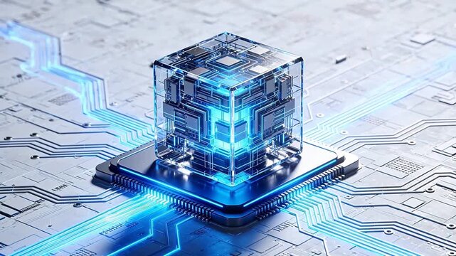 Transparent cube with glowing circuits on chip