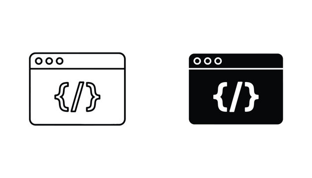 Web browser window with code syntax brackets icon set in outline and solid black silhouette styles for software development