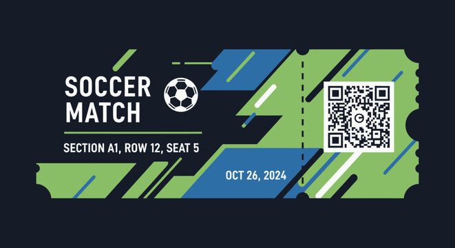 Soccer Match Ticket with Section and QR Code.
