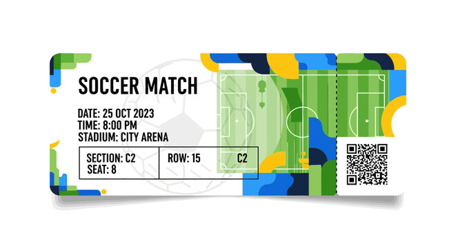 Soccer Match Ticket with Colorful Design and Event Details.