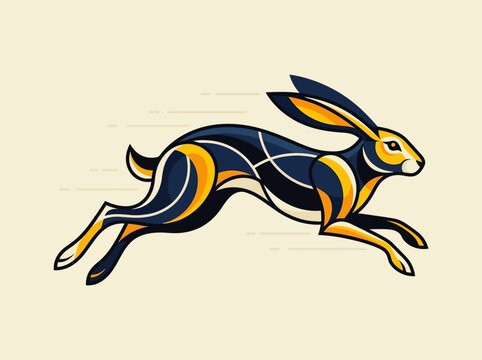 Stylized Running Hare Illustration, Minimalist Geometric Rabbit Vector Art in Navy Blue and Mustard Yellow, Modern Speed and Agility Concept Graphic
