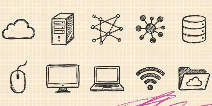 Black ink scribble doodle vector vintage hand drawn set of electronics digital devices laptop smartphone and technology