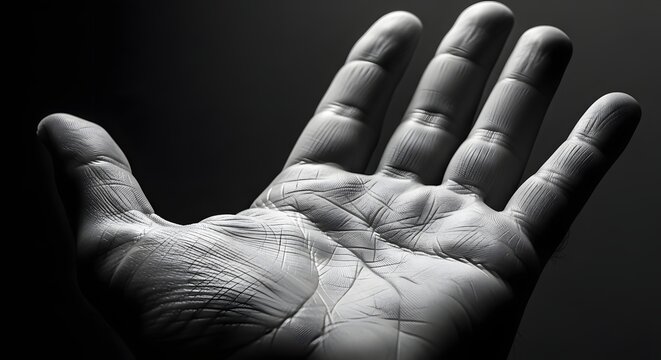 Open human hand facing upward in black and white. Skin texture and body language concept. Person showing a detailed palm reaching out for support or connection.