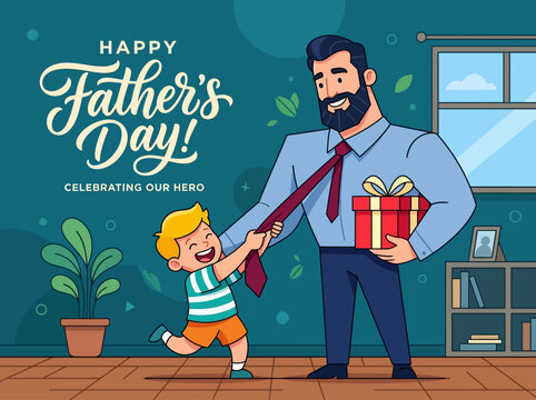 Happy Father's Day Vector Illustration Featuring Father with Gift and Son Pulling His Tie. Clean Flat Design for Greeting Cards, Social Media, and Holiday Promotions.