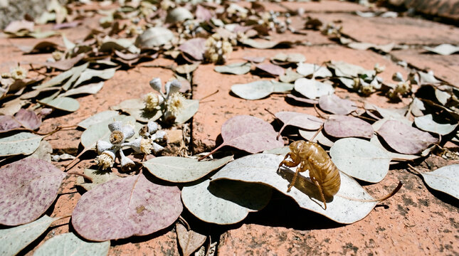 Cicada shell on a leaf amidst fallen eucalyptus leaves and flowers on red soil ground