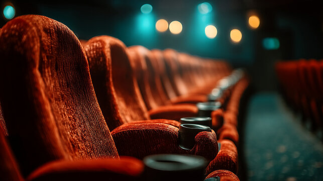 Empty cinema hall with rows of red velvet seats interior audience entertainment