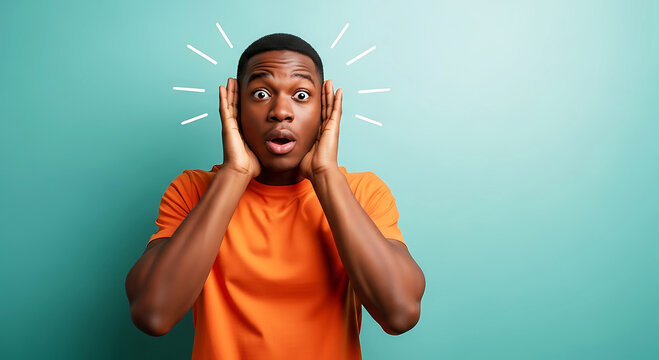 Man holding ears in shock with radiating lines against teal background.