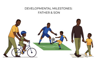Black Father and Son Developmental Milestones: Teaching Bicycle, Playing Soccer, and Walking Together Illustration © Quneza