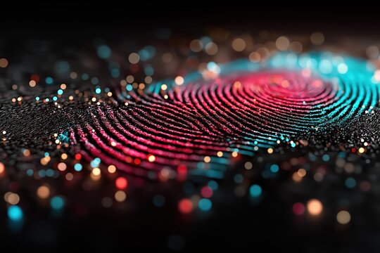 A close-up digital fingerprint with vibrant neon colors and light particles, symbolizing security, identity, and technology.
