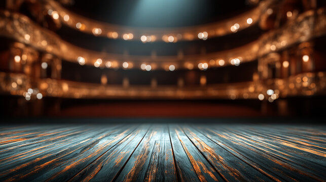 Empty theater stage with wooden floorboards and warm glow from ornate auditorium