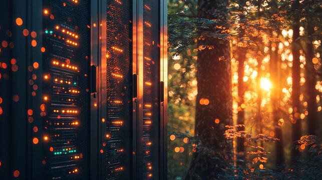 Modern server rack units featuring glowing orange status lights indicating active data processing and system hardware