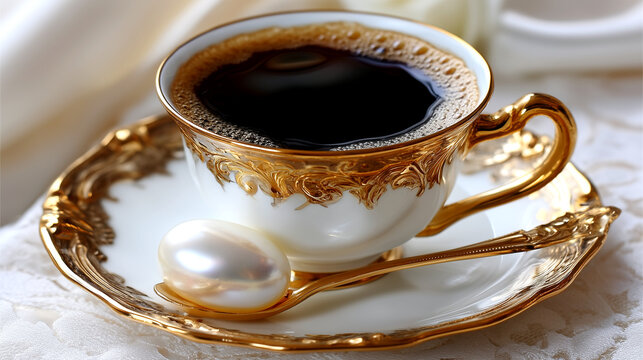 Elegant Gold-Trimmed Coffee Cup with Pearl Accent: A Luxurious Morning Brew Experience