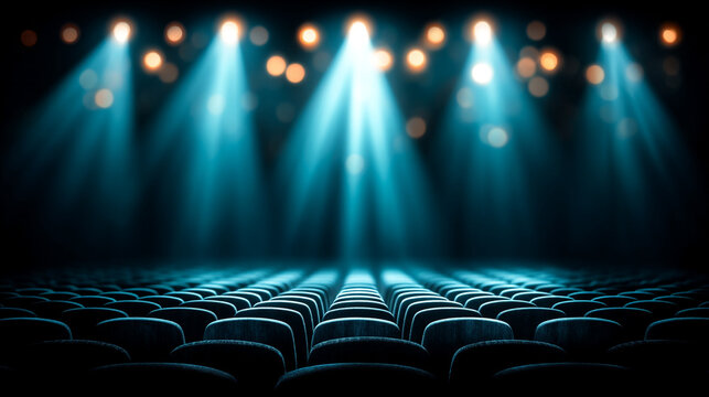 Empty theater seats in dark auditorium illuminated by bright blue focused stage