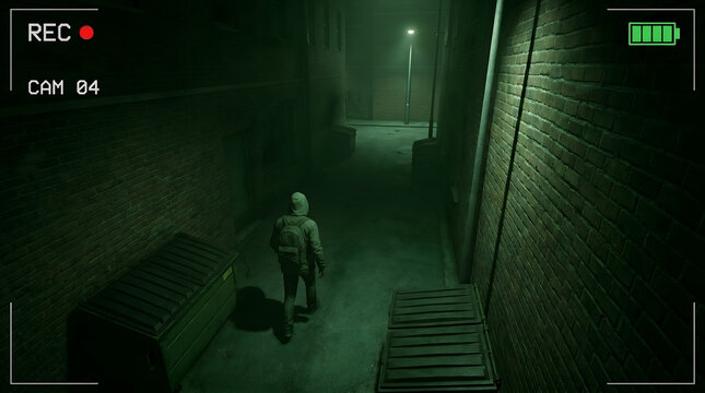 Security camera footage shows a hooded person walking through a dark alleyway at night. The surveillance screen captures a mysterious urban scene with green night vision tint.