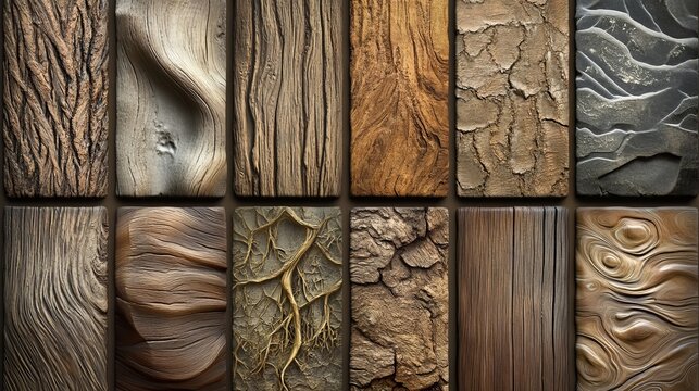 Twelve distinct rectangular panels displaying diverse natural wood grain textures and unique rough tree bark patterns